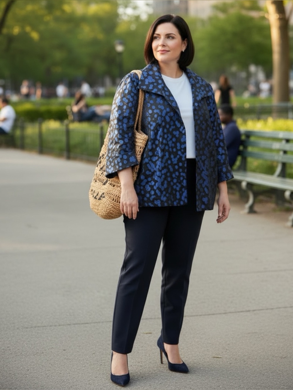 CAROLINE ROSE $448 Sz 2X Navy Blue Printed Open Front Blazer Jacket